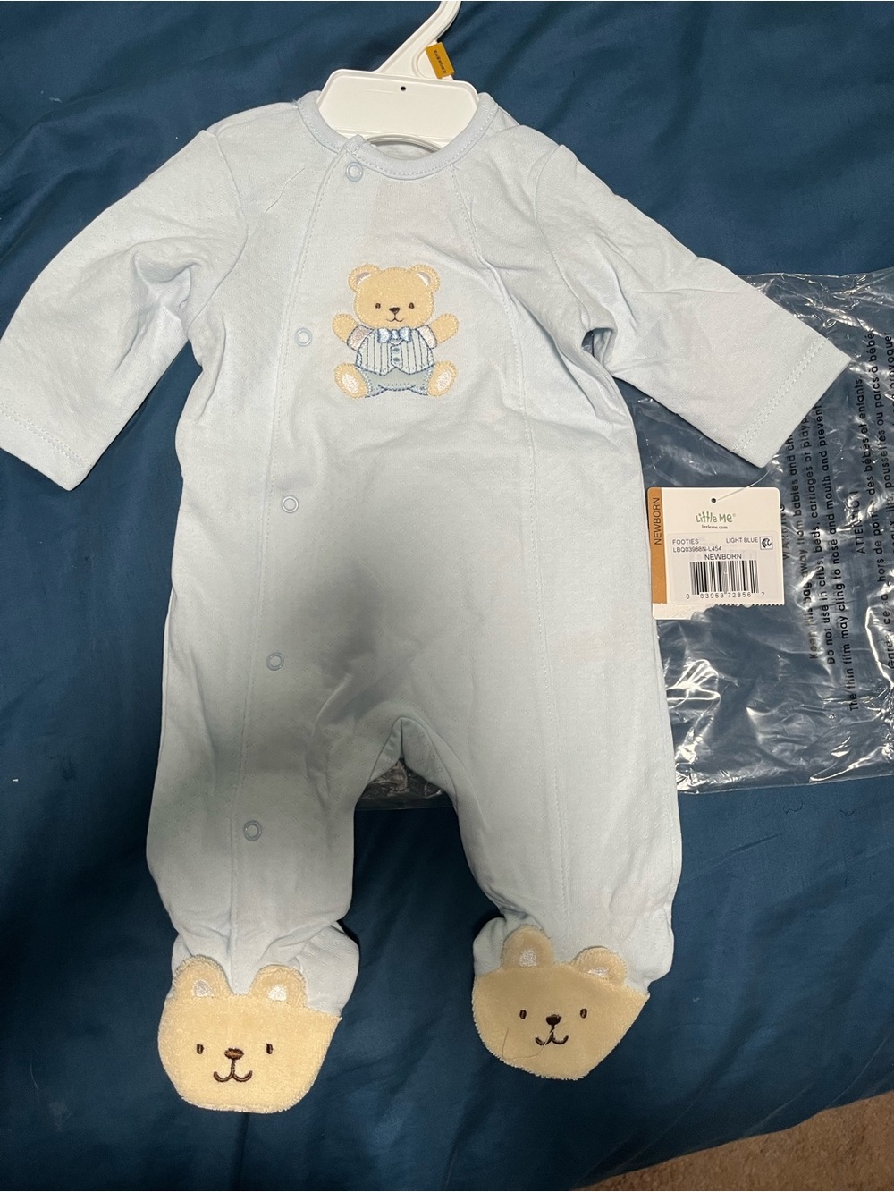 Little Me Pale Blue Bear Footed One-Piece